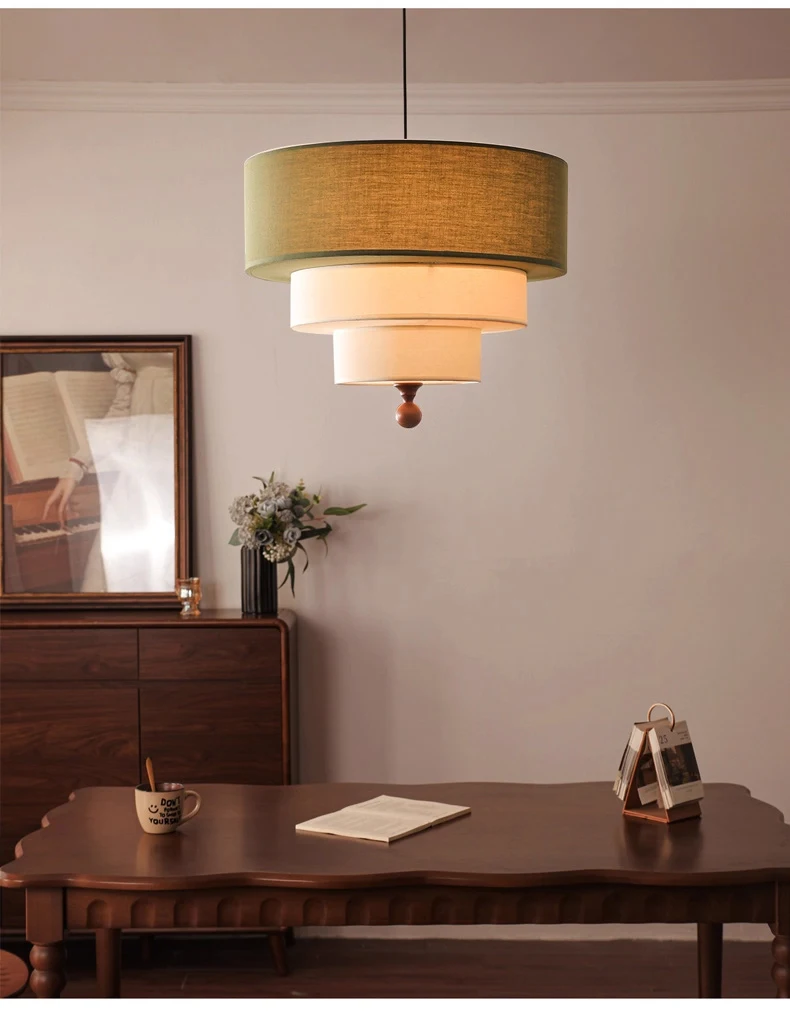 Vanelia 3 Tiers Textile Drum Fabric Pendant Light - Lifestyle & Artisan Detail Angle 9 | IndochinaLight