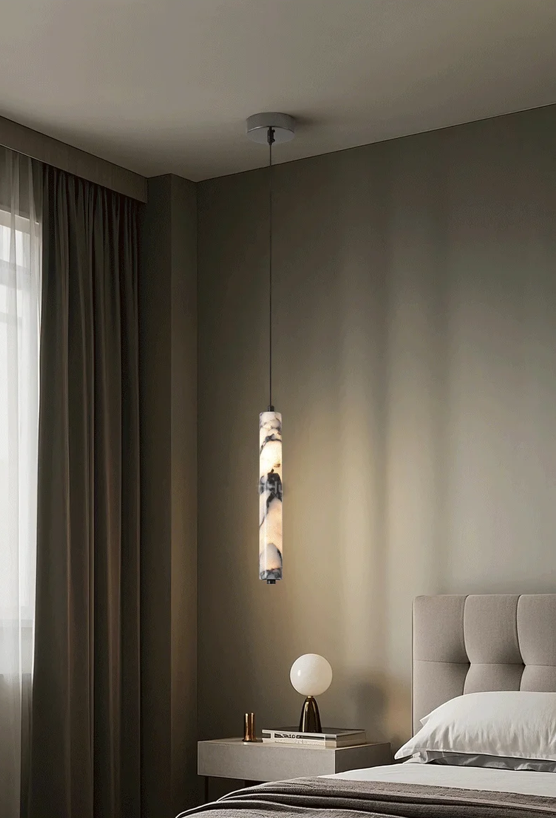 Rayvia Cylinder Alabaster Marble Pendant Light - Lifestyle & Artisan Detail Angle 2 | IndochinaLight