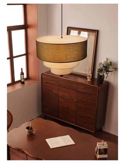 Vanelia 3 Tiers Textile Drum Fabric Pendant Light - Lifestyle & Artisan Detail Angle 2 | IndochinaLight
