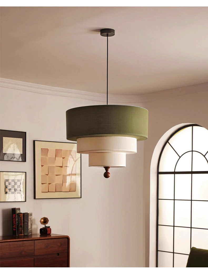 Vanelia 3 Tiers Textile Drum Fabric Pendant Light - Lifestyle & Artisan Detail Angle 5 | IndochinaLight