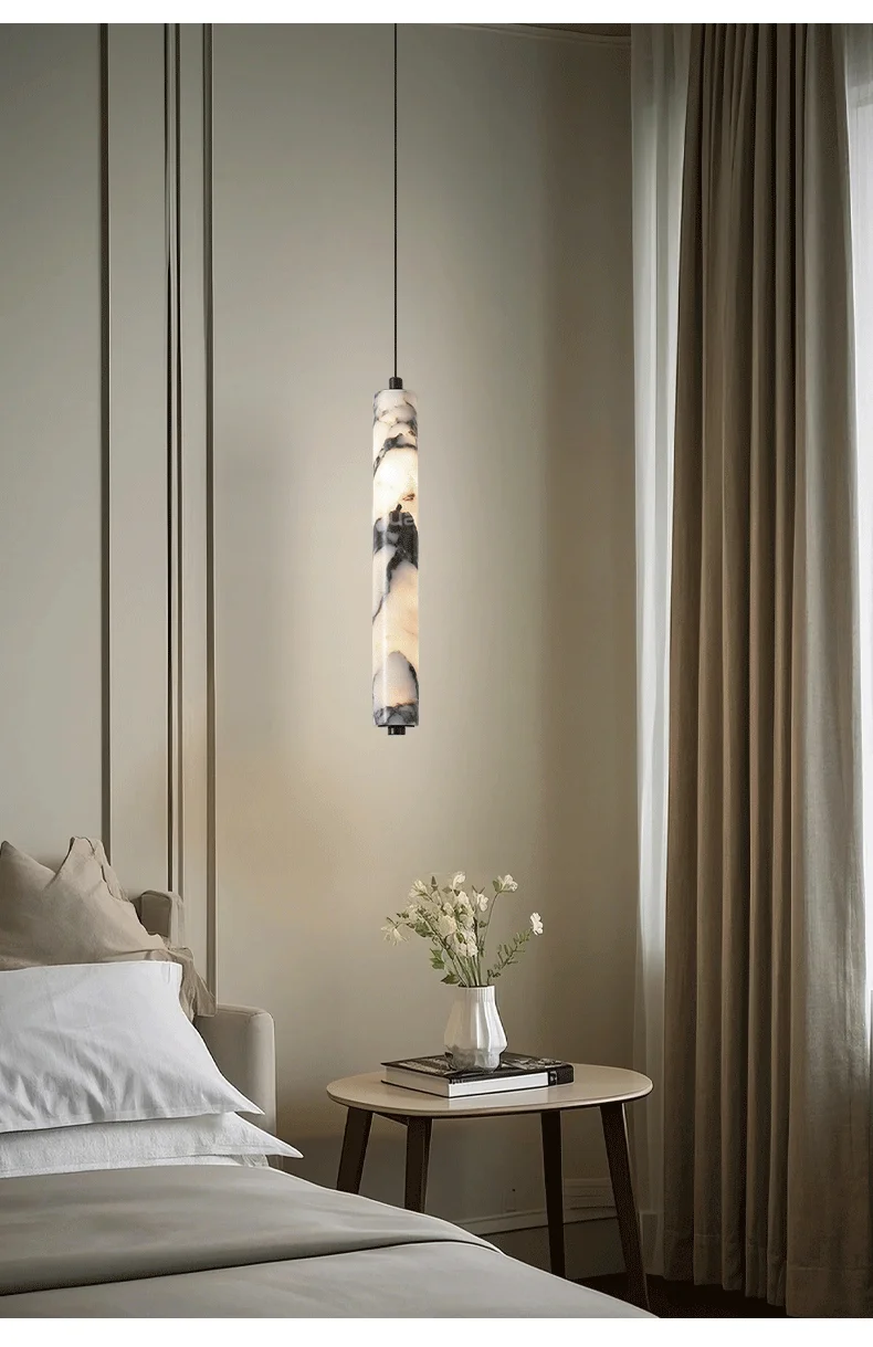 Rayvia Cylinder Alabaster Marble Pendant Light - Lifestyle & Artisan Detail Angle 9 | IndochinaLight