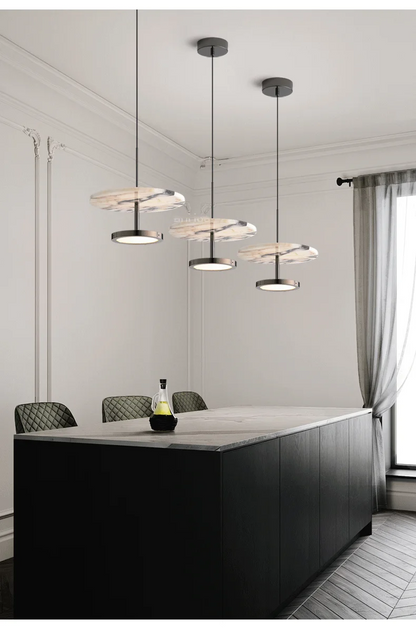 Noctra Double-Disc Marble Pendant Light - Lifestyle & Artisan Detail Angle 2 | IndochinaLight