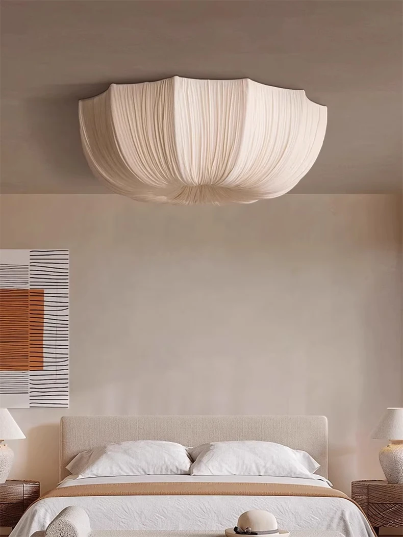 Planetarium Wabi-Sabi White Nordic Linen Flush Mount - Lifestyle & Artisan Detail Angle 4 | IndochinaLight