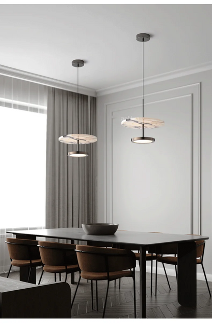 Noctra Double-Disc Marble Pendant Light - Lifestyle & Artisan Detail Angle 3 | IndochinaLight