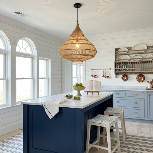 Drop Large Rattan Basket Pendant Light in Coastal Kitchen Island