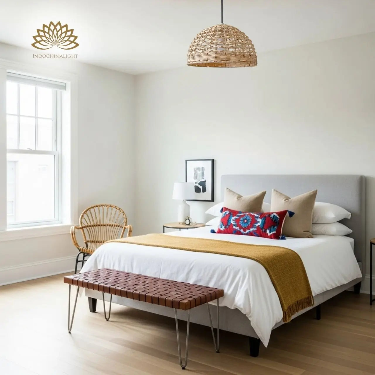 Eauso Rattan Wicker Pendant Light over Boho White Bedroom