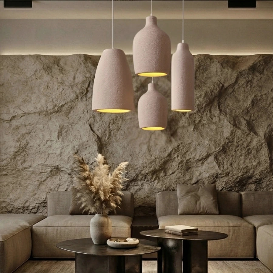 Ebony Cylinder Pendant Lights in Wabi Sabi Living Room