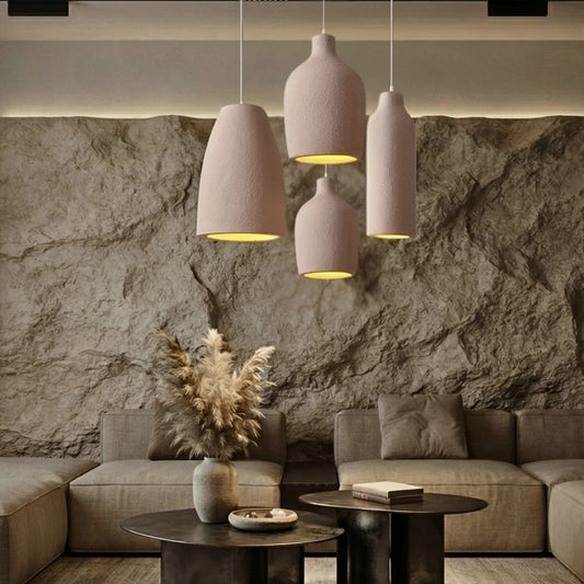 Ebony Cylinder Pendant Lights in Wabi Sabi Living Room