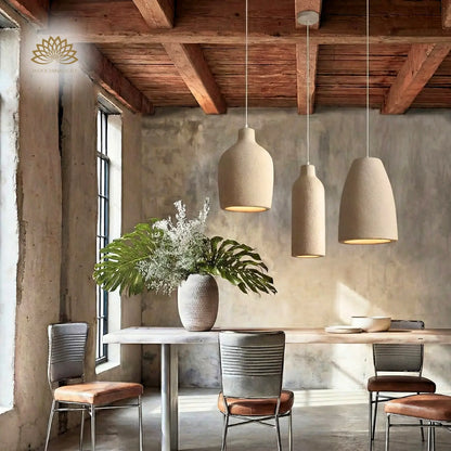 Ebony Wabi Sabi Vase Concrete Pendant Light hanging over dining table