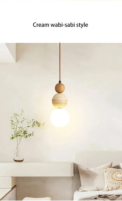 Elara Duo Three Ball Stone Pendant Light in Wabi Sabi Bedroom