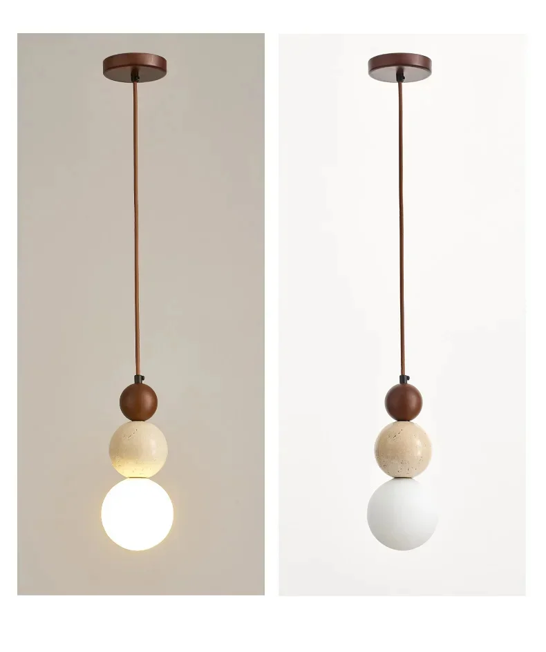 Elara Duo Wabi Sabi Three Ball Travertine Stone Pendant Light when turn on and turn off