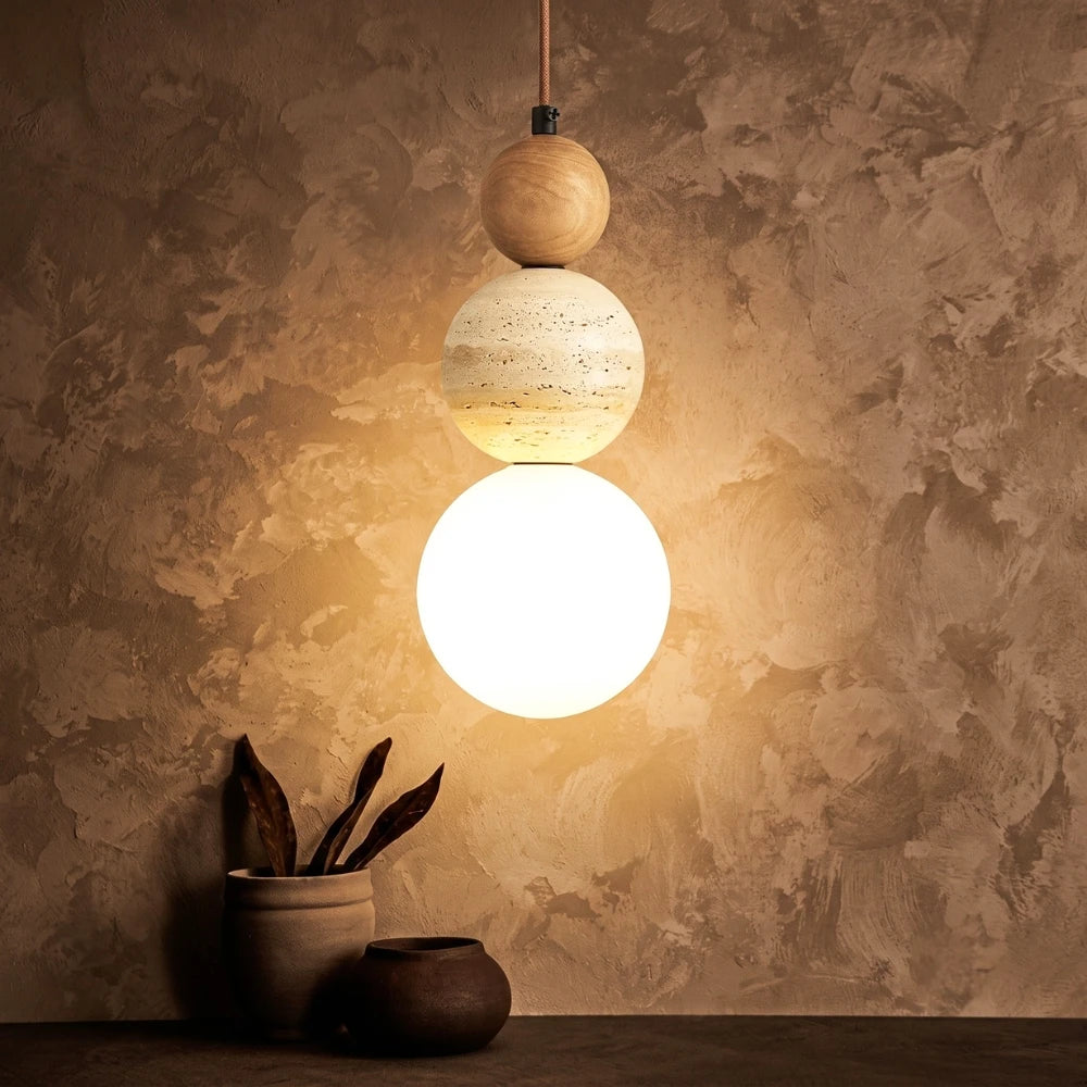 Elara Duo Wabi Sabi Three Ball Travertine Stone Pendant Light