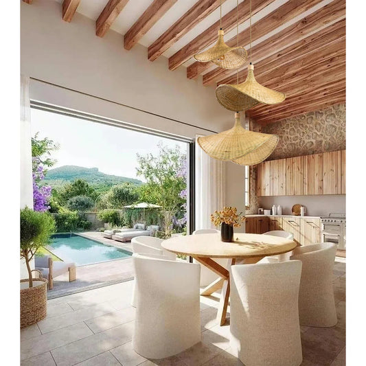 Ellie Hat 3 Light Rattan Pendant in IndochinaLights Customer Semi-Outdoor Dining Room
