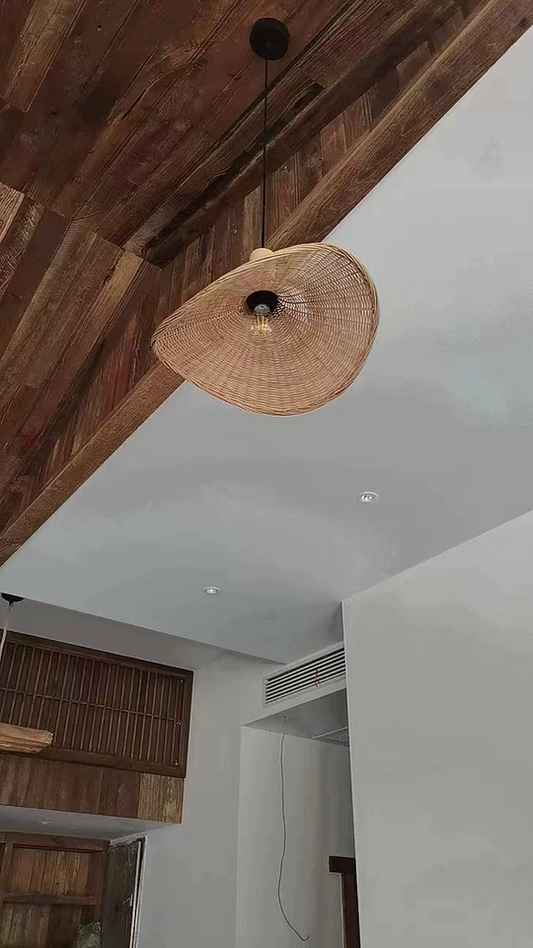 Ellie Hat Rattan 3 Light Pendant over IndochinaLights Customer Wooden Home Space