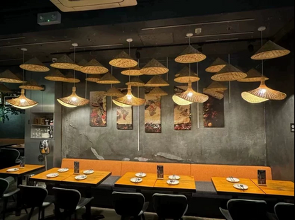 Ellie Hat Rattan 3 Light Pendants over IndochinaLights Customer Restaurant Tables