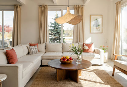 Ellie Hat Rattan Pendant Light Hangs over Boho Living Room