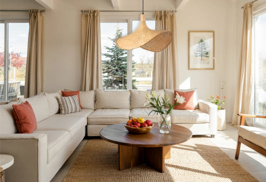 Ellie Hat Rattan Pendant Light Hangs over Boho Living Room