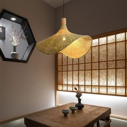 Ellie Hat Rattan Pendant Light over Japanese Meditation Room