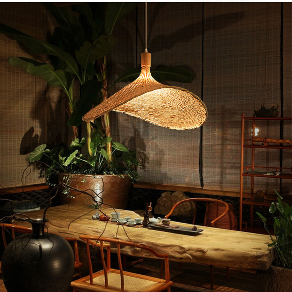 Ellie Hat Rattan Pendant Light over Rustic Dining Table