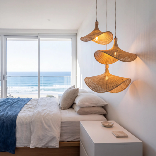 Ellie rattan 3 light pendant for bedroom