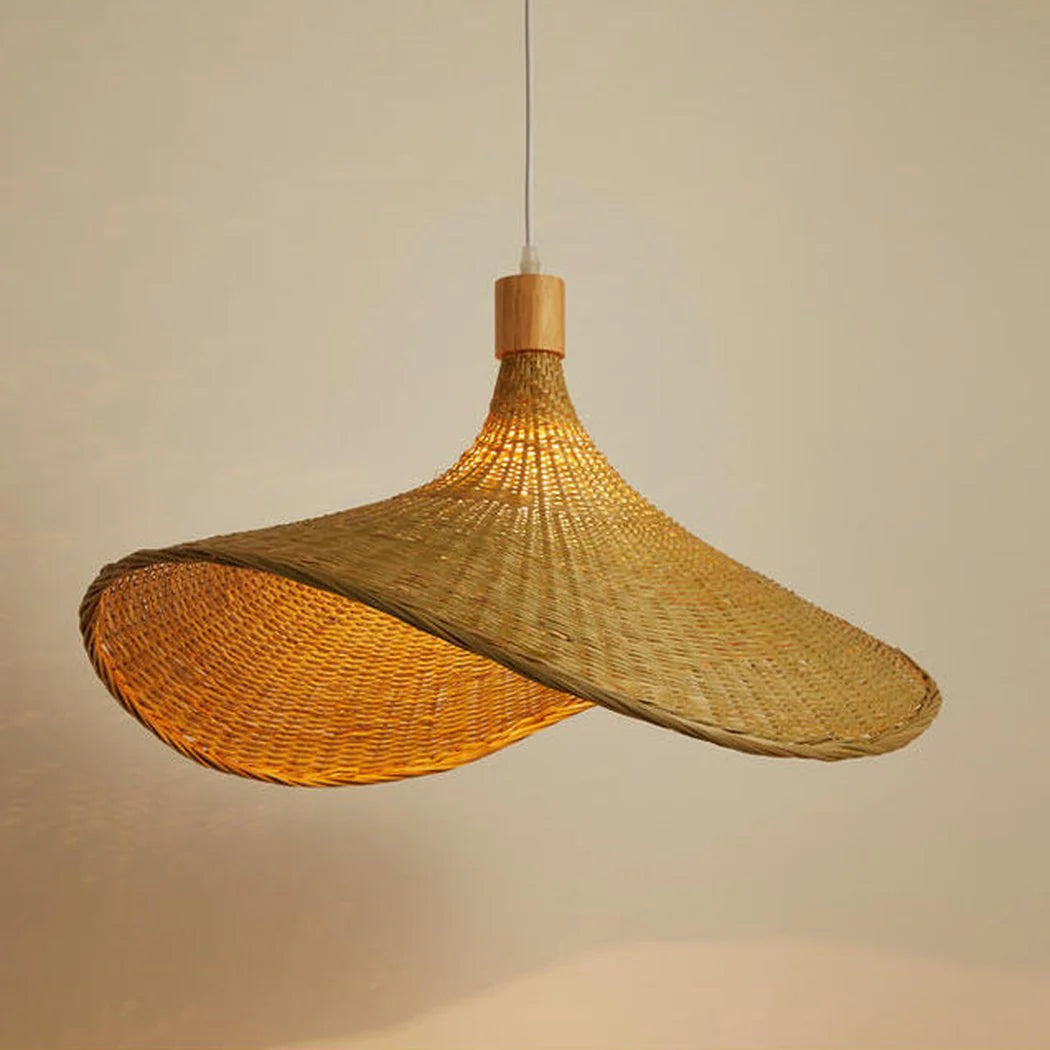 Ellie Straw Hat 3 Light Rattan Pendant Cone Shape when Turn On