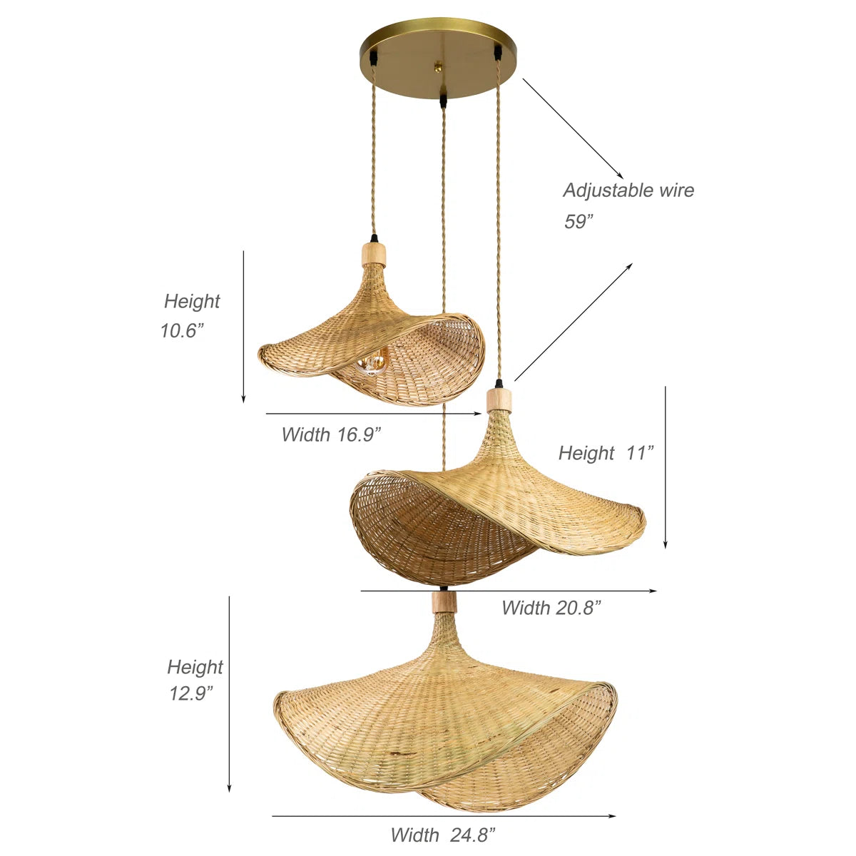 Ellie Straw Hat 3 light rattan pendant Detail Dimension