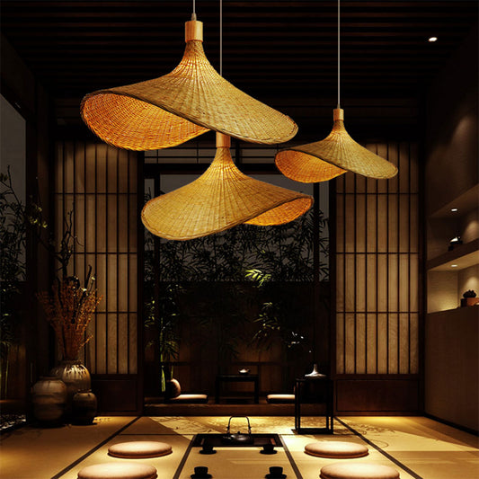 Ellie Straw Hat 3 Light Rattan Pendants for Meditation Area