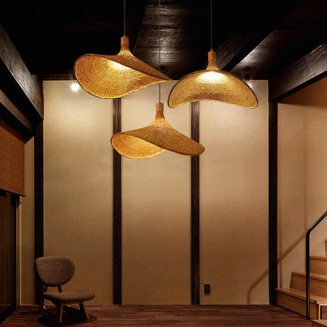 Ellie Straw Hat 3 Light Rattan Pendants hang for Zen Stairwell