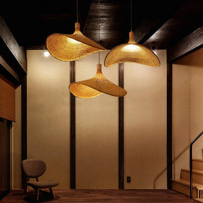 Ellie Straw Hat 3 Light Rattan Pendants hang for Zen Stairwell