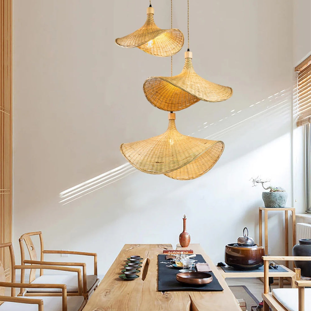 Ellie Straw Hat 3 Rattan Pendant Light over Boho Wooden Dining Table