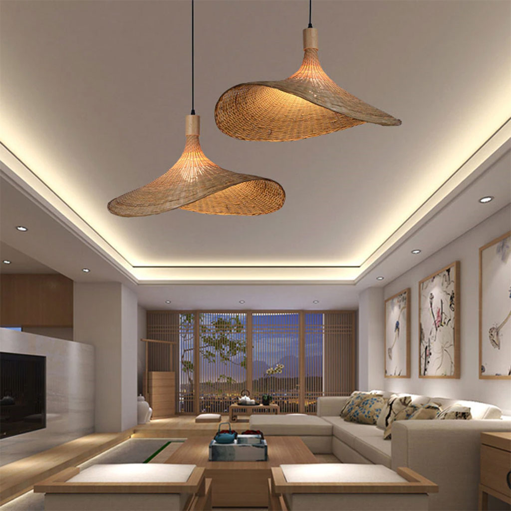 Ellie Straw Hat rattan 3-light pendant for Large Japandi Living Room