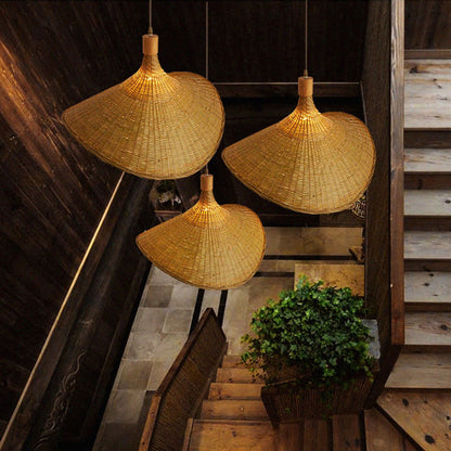 Ellie Straw Hat Rattan 3 Light Pendants hang over Stairway