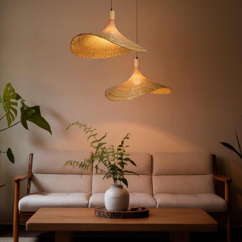 Ellie Straw Hat Wicker Bamboo Pendant Light in Living Room