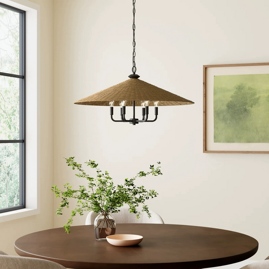 Eman Dark Wicker Pendant Light Shade 5 Bulbs hangs over Dining Table