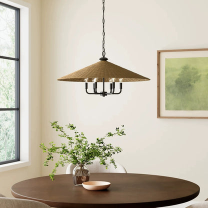 Eman Dark Wicker Pendant Light Shade 5 Bulbs hangs over Dining Table