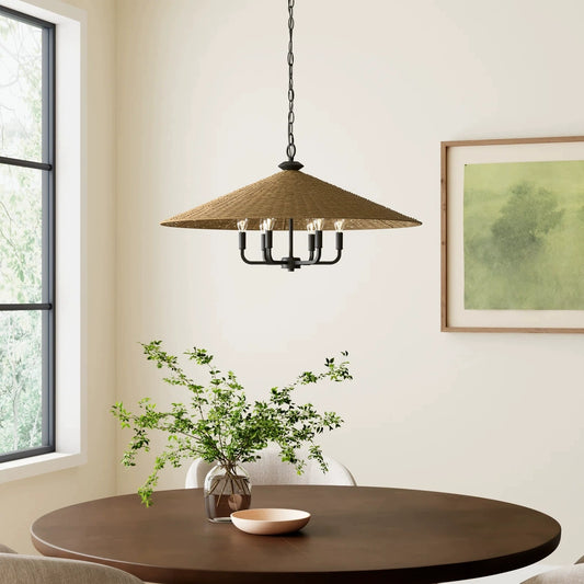 Eman Dark Wicker Pendant Light Shade 5 Bulbs hangs over Dining Table