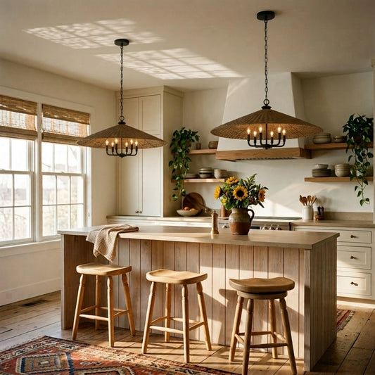 Eman Large Dark Wicker Pendant Light Shade Black Socket 6 Bulbs in Boho Kitchen Island