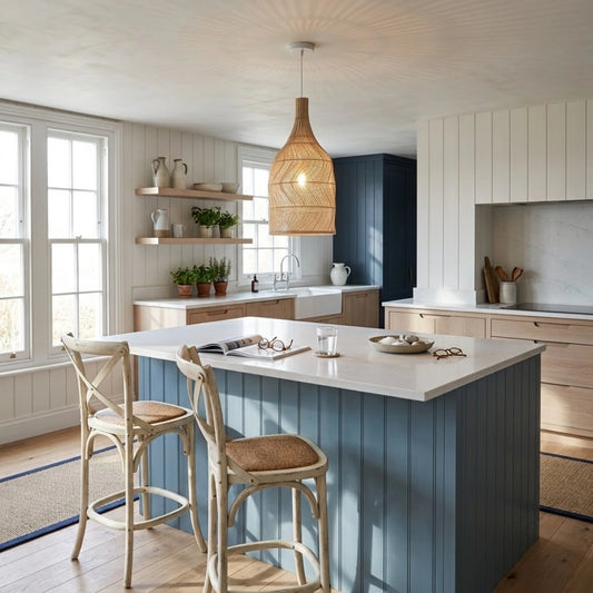 Embid Natural Rattan Ceiling Light in Coastal Kitchen Island