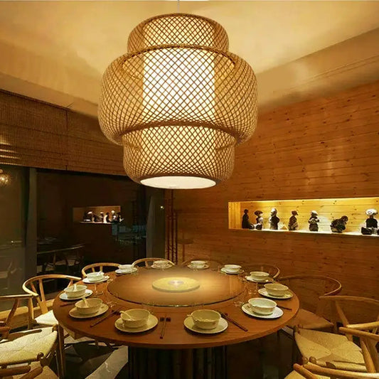 Enakshi Abstract Bamboo Pendant Light over a restaurant table