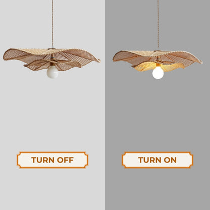 extra large rattan lotus leaf hanging light when the light is on and off