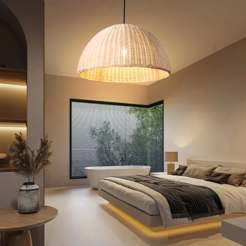 Extra Large THAELY White Wicker Rattan Pendant Light in a Japandi Bedroom