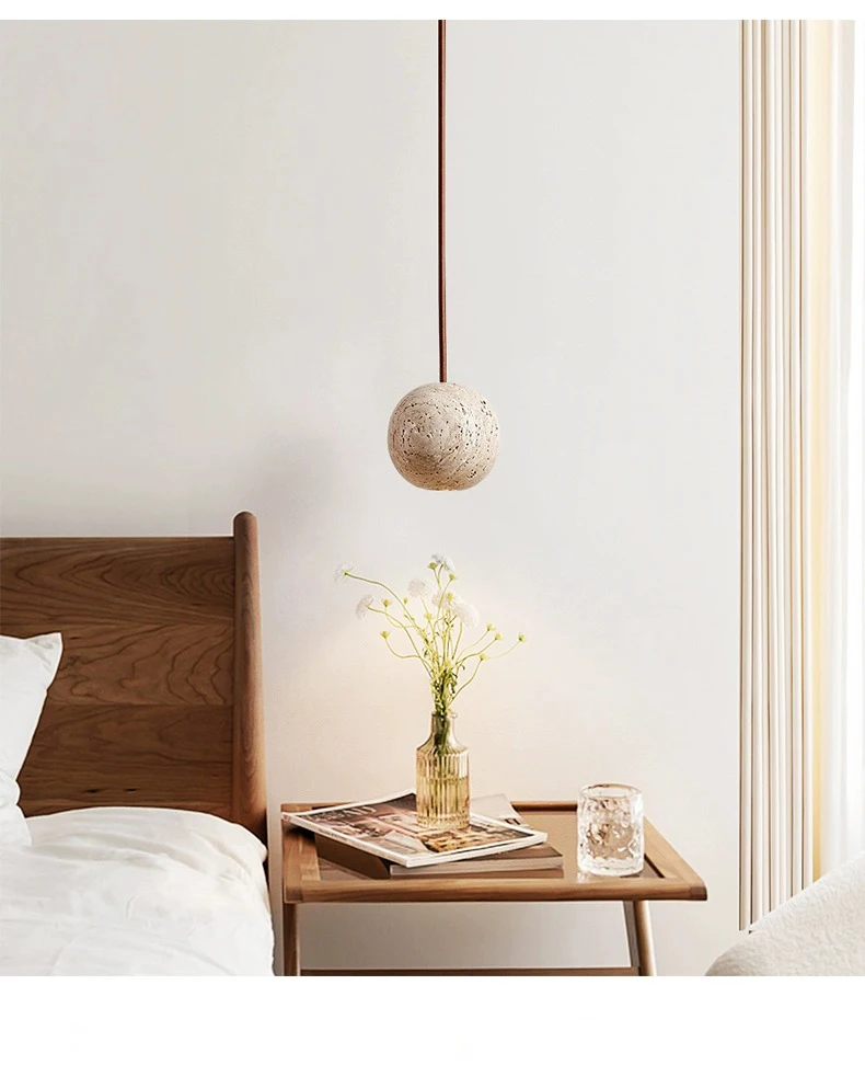 Fabien Wabi Sabi Globe Travertine Stone Pendant Light over Bedside reading table