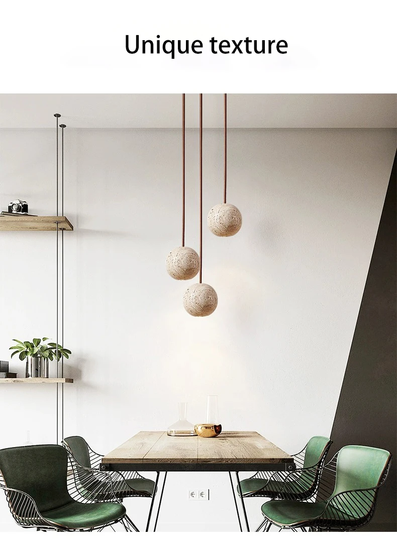 Fabien Wabi Sabi Globe Travertine Stone Pendant Light over Wooden Table