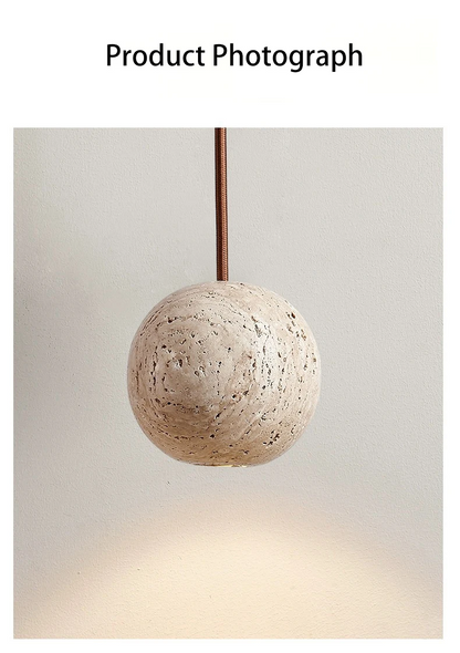 Fabien Wabi Sabi Globe Travertine Stone Pendant Light when turn on