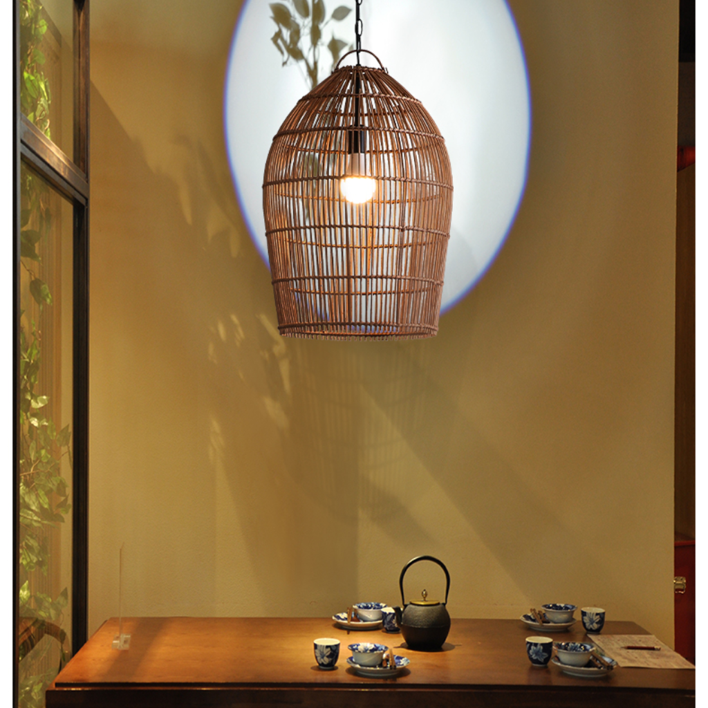 Fish-trap Rustic Rattan Pendant Light above Japandi Dining Table
