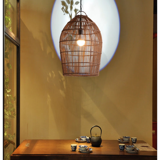 Fish-trap Rustic Rattan Pendant Light above Japandi Dining Table