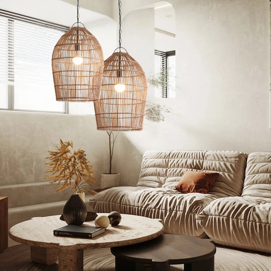 Fish-trap Rustic Rattan Pendant Light over Wabi Sabi Living Room