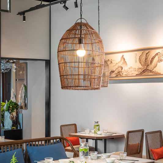 Fish-trap Rustic Rattan Pendant Lights above Restaurant Tables