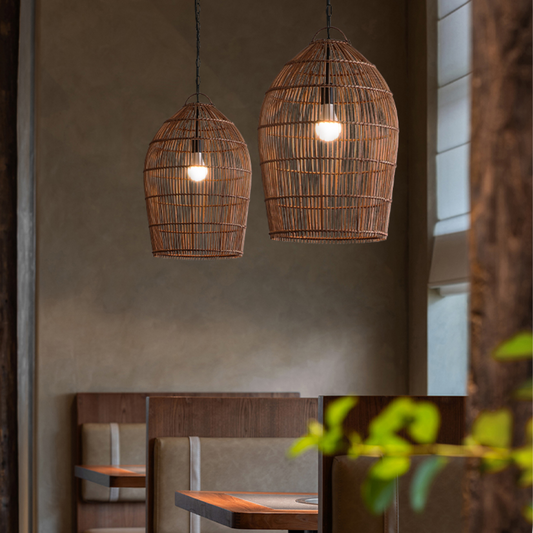 Fish-trap Rustic Rattan Pendant Lights for Restaurant Tables