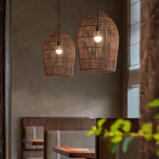 Fish-trap Rustic Rattan Pendant Lights for Restaurant Tables
